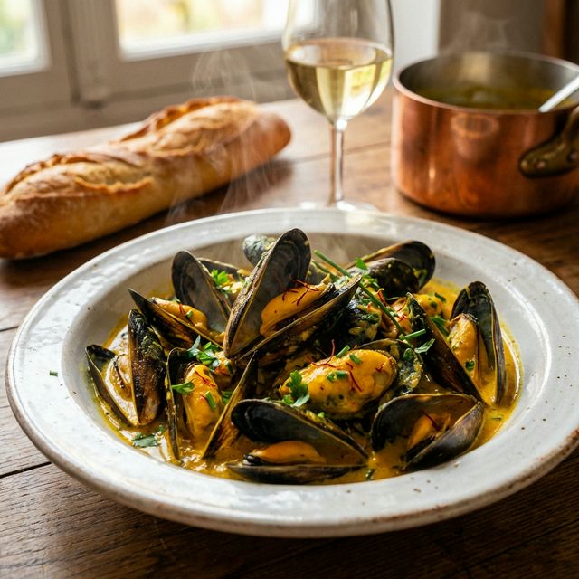 Soupe crémeuse de mouclade charentaise au curry
