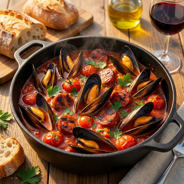 Plat de moules au chorizo dans une sauce tomate épicée